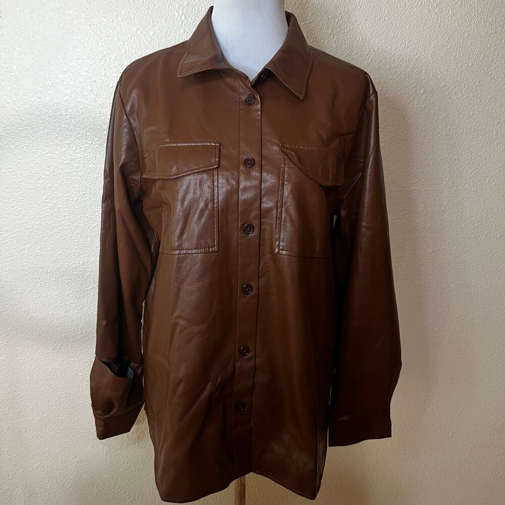Anine Bing Hutton Faux Vegan leather brown shirt shacket LARGE FLAWED
